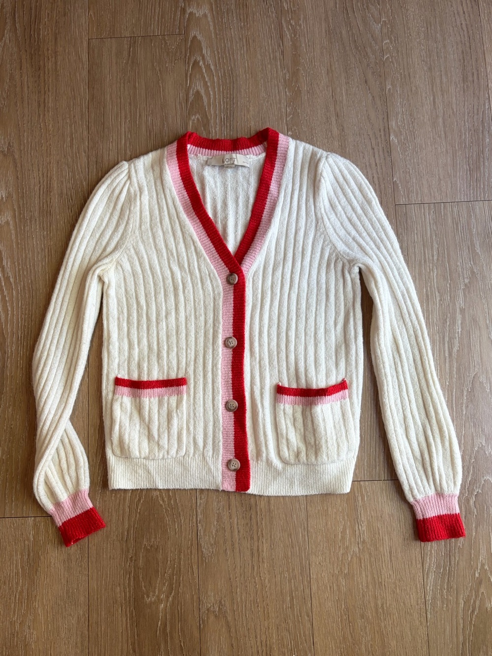 LOFT Cream Cardigan with Red & Pink Trim